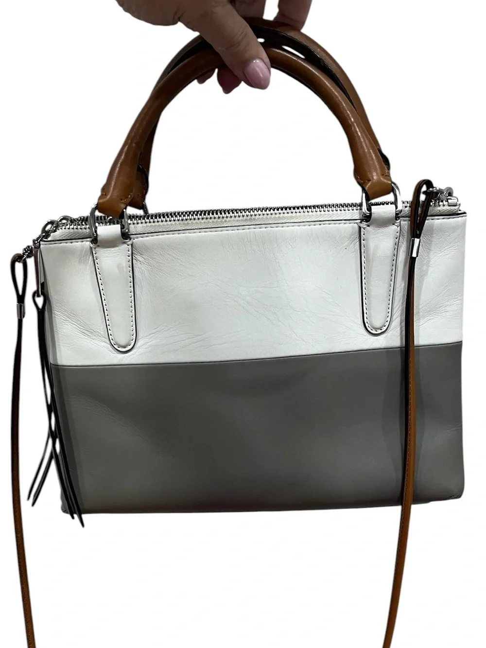 Coach Small Colorblock Leather Crossbody Satchel Gray White Tan Triple Zip Bag